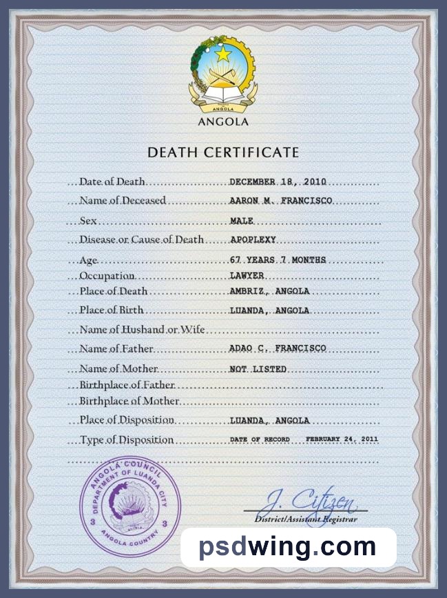 Angola Vital Record Death Certificate PSD Template